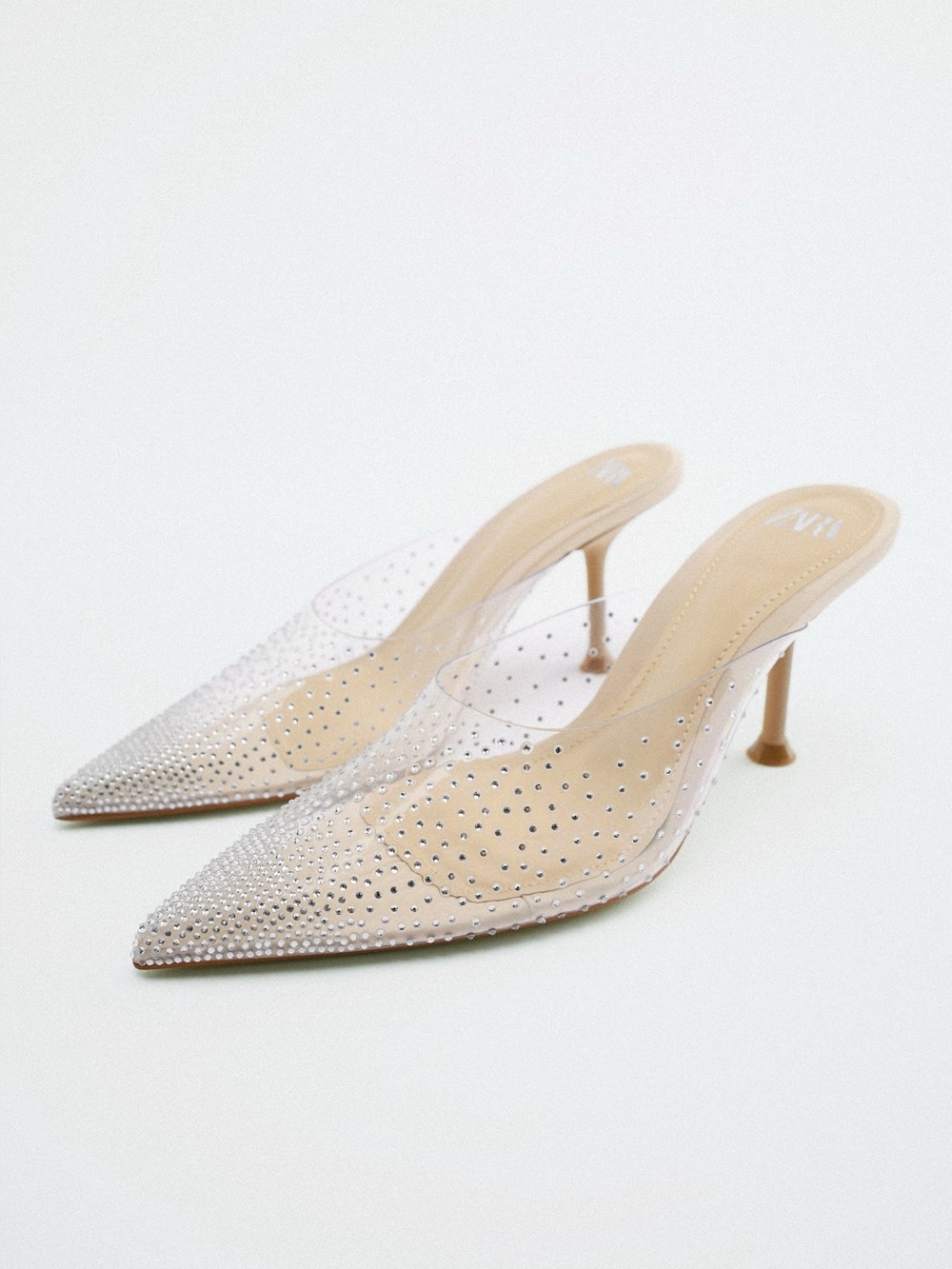 Zara Blush Nude Clear PVC Pointed Toe Rhinestone Mules holiday 39 8